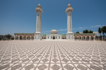 Fototapeta na wymiar The Bourguiba mausoleum in Monastir, Tunisia. It is a monumental grave in Monastir, Tunisia, containing the remains of former president Habib Bourguiba, the father of Tunisian independence