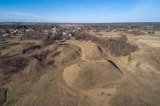 Early Spring Aerial view of Kernave Archaeological site, a medieval capital of the Grand Duchy of Lithuania. UNESCO World Heritage Site. Drone
