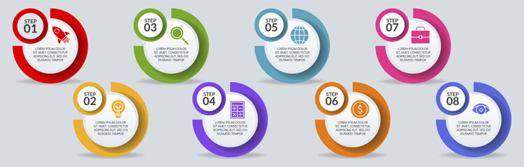 Infographics design template and icons with 8 options or 8 steps