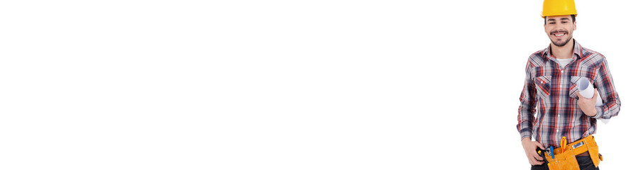 Confident male carpenter in hardhat holding blueprint and smiling against white background