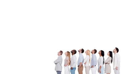 Side view of happy people looking up while standing in a row against white background