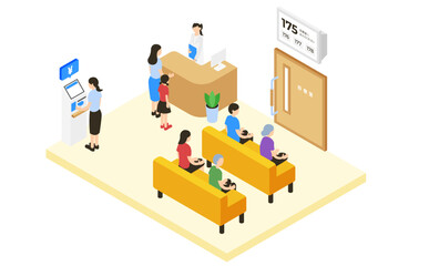 待合室と人々のアイソメトリックイラスト(クリニック・病院)