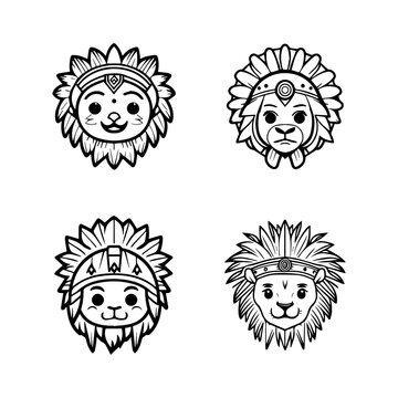 cute kawaii lion head wearing indian chief accessories collection set hand drawn illustration