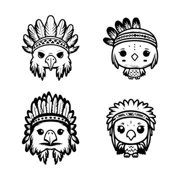 cute kawaii eagle head logo wearing indian chief accessories collection set hand drawn illustration