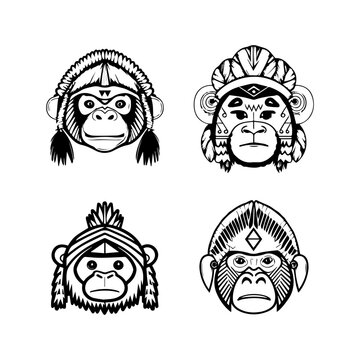 cute kawaii gorilla head wearing indian chief accessories collection set hand drawn illustration