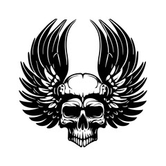 chicano skull with wings tattoo design black and white hand drawn illustration 
