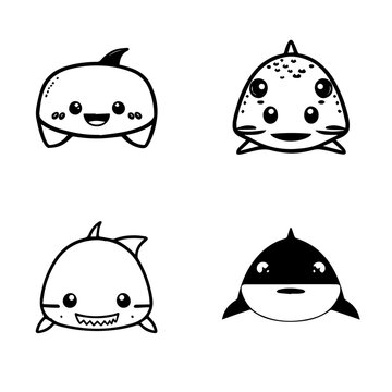 cute kawaii shark logo collection set hand drawn line art illustration