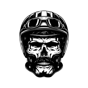 chicano skull biker wearing helmet hand drawn line art illustration