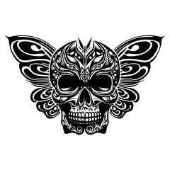 skull in butterfly body black and white lineart hand drawn illustration 