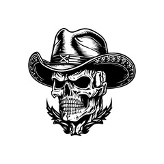 skull wearing cowboy hat hand drawn illustration