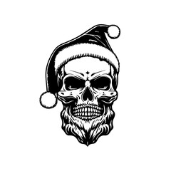 smile skull wearing santa claus hat hand drawn illustration