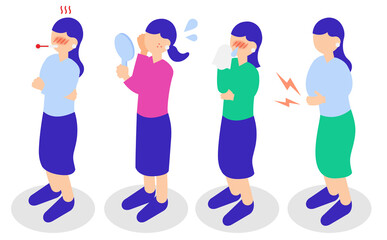 症状・体調不良の全身女性イラストセット【アイソメトリック】