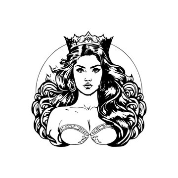 princes Chicano girl wearing crown in black and white, rendered in intricate Hand drawn line art illustration
