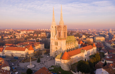 Fototapeta na wymiar Zagreb Cathedral in Croatia. It is on the Kaptol, is a Roman Catholic institution and the tallest building in Croatia. Sacral building in Gothic style