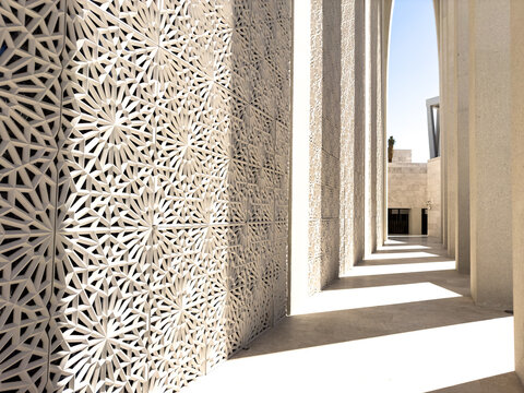 Architectural and design details of the Mosque at the The Abrahamic Family House, encompassing a mosque, a church, a synagogue and is situated in the Saadiyat Island Cultural District, Abu Dhabi