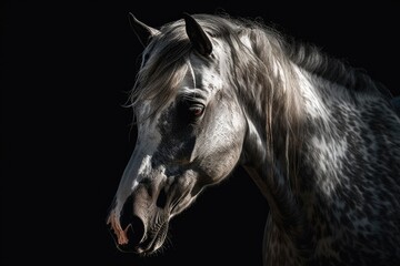 PRE (pura raza espanola) horse in grey on a black background. Generative AI