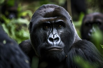 Obraz premium A gorilla stares inquisitively at a swarm of people. Generative AI