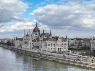Fototapeta premium Budapest Skyline Hungarian Parliament Building and Danube River from a Drone Point of View