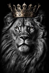 Regal Black and White Portrait of a Lion with Gold Crown - obrazy, fototapety, plakaty