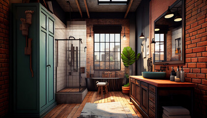 Industrial Chic Bathroom Combining Rustic and Modern Elements Generative Ai