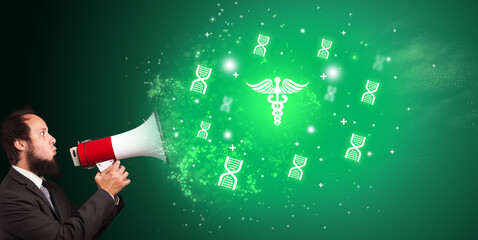 Young person with megaphone and healthcare icon