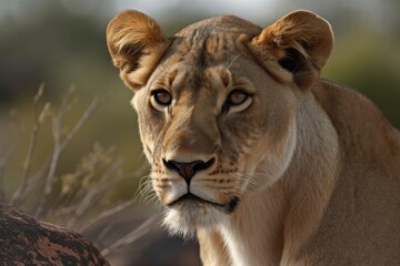 Fototapeta premium On a South African safari, a young female lion can be observed on a vast rocky outcrop. Generative AI