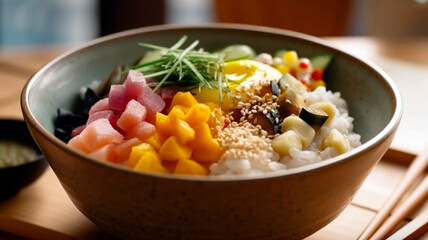 Healthy Donburi Bowl with Fresh Fish, Rice, and Vegetables - A nutritious and flavorful meal of fresh fish, rice, and a variety of healthy vegetables, arranged in a donburi bowl.