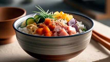 Donburi Bowl with Fresh Fish, Rice, and Colorful Vegetables - A nutritious and flavorful meal of fresh fish, rice, and a variety of colorful vegetables.