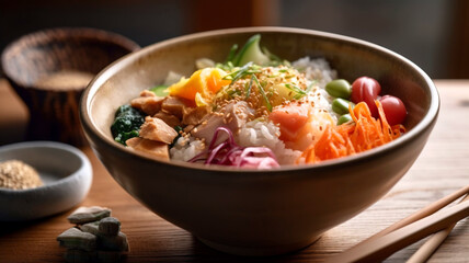 Japanese Donburi Bowl with Fresh Fish and Rice - A classic Japanese dish featuring fresh fish and rice, arranged beautifully in a donburi bowl.