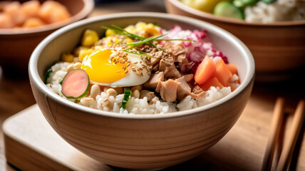 Donburi Bowl with Fresh Fish and Vegetables - A scrumptious dish of fish, rice, and veggies, presented in a beautiful donburi bowl.
