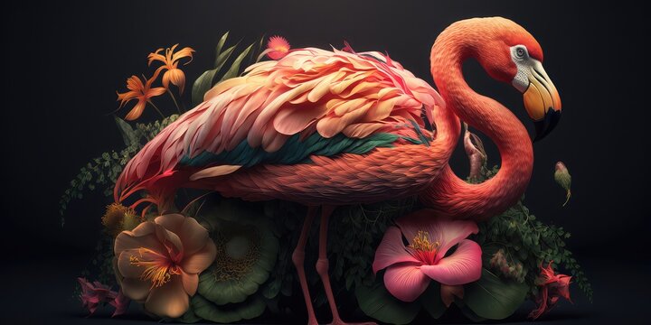 Illustration of a floral type Flamingo, close up Flamingo tail with flowers on dark background, HD walpaper
