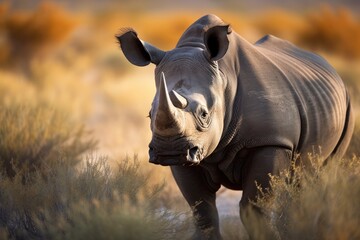 A male black rhino (Diceros Bicornis) walks through the grasslands in Namibia's Etosha National Park. Generative AI - obrazy, fototapety, plakaty
