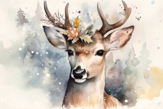 Holiday greetings! merry New Year!. The deer for the New Year. Christmas deer in fawn. Winter. Snow. Watercolor. Christmas card. Generative AI