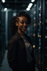 Retrato mulher negra especialista engenheira de negócios tecnologia da informação computação engenheira especialista data center banco de dados servidor tecnologia business big data IA Generativa