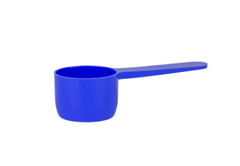 Small, blue, plastic measuring scoop isolated from background
