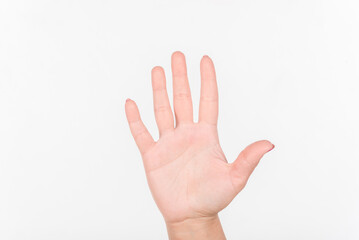 Woman Hand With Polish Nails Show Five Fingers. White Background. Hand.