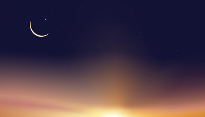 Obraz na płótnie Canvas Islamic card,Ramadan Kareem Crescent Moon,Star on Sunset Sky,Vector religions symbolic of Islamic or Muslim for Generous Ramadan,New moon,Prayer time.Eid Mubarak,Eid al Adha,Eid al Fitr background