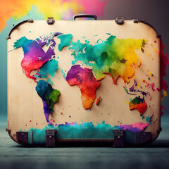 travel suitcase with colorful maps.
