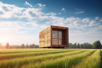 Fototapeta na wymiar Modern cube house in the countryside, surrounded by grass, with a forest in the background