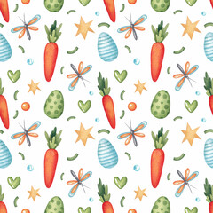 Seamless pattern with different eggs and carrots on a white background. Watercolor illustration. Print on fabric and paper. Holiday. Happy Easter. Stars. Spring. Wallpaper. Art. Design. Cute. 