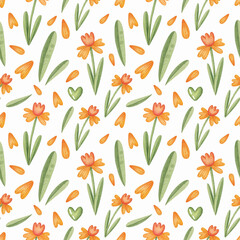 Seamless pattern with daffodils, petals and leaves on a white background. Watercolor illustration. Print on fabric and paper. Spring. Flowers and plants. Nature. Yellow color. Wallpaper. Art. Design. 