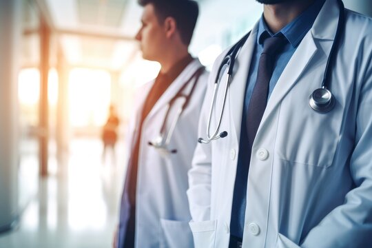 Medical doctors with hands in pockets blurred background hospital interior Generative AI Illustration