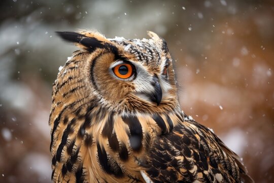 Photograph of a Eurasian eagle owl (Bubo bubo) in the snow. Generative AI