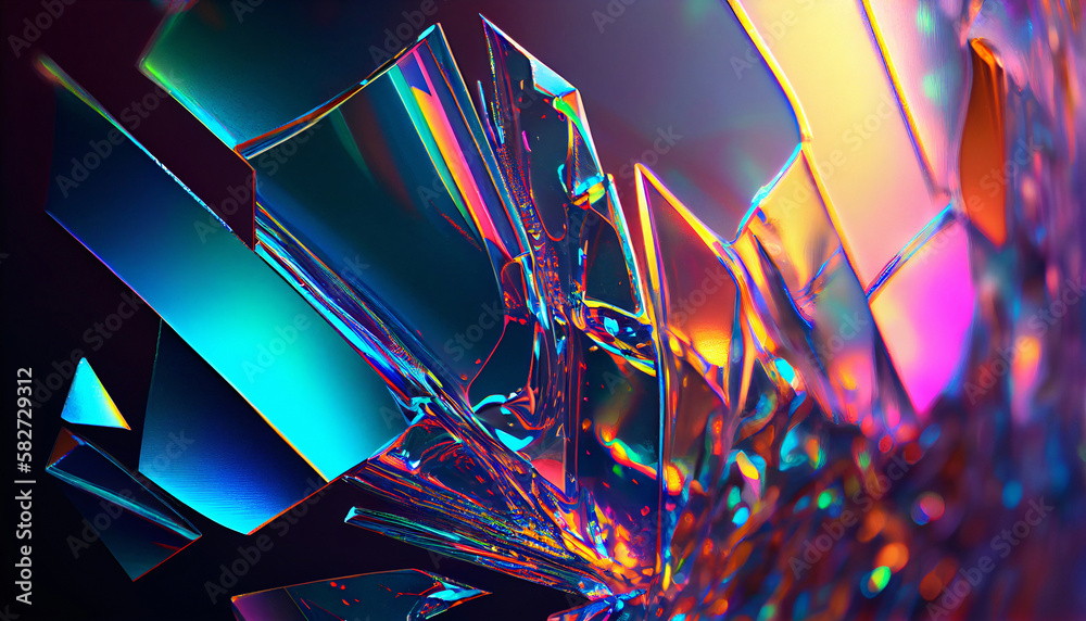Wall mural shiny broken glass crystals and prisms with color spectrum rays abstract background. generative ai