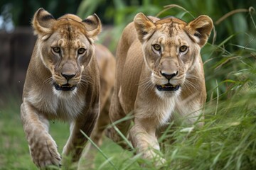 Fototapeta na wymiar On the grass, two female lions chase each other. Generative AI