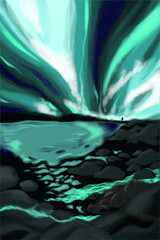 aurora borealis northern lights blue and black watercolors sky lake and stones