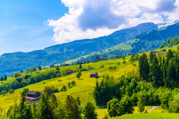 Fototapeta na wymiar Wooden cottage houses on green fields, Grabs, Werdenberg, St. Gallen Switzerland