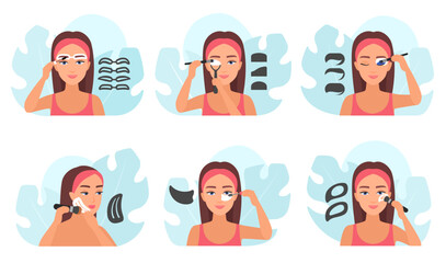 How to use makeup stencil, tutorial and infographic set vector illustration. Cartoon woman applying eyeshadow, eyebrow and eyeliner using brush and shaper tools, make up of female model with templates - obrazy, fototapety, plakaty