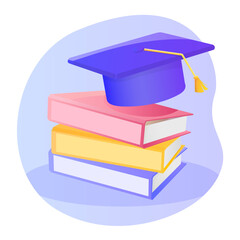 Square academic cap on textbooks. Cartoon vector illustration on the dark background.