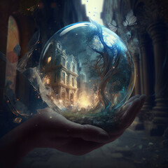 Obraz na płótnie Canvas Fantastical world in the palm of your hand. Magical, illustrated, childrens story. Generative AI